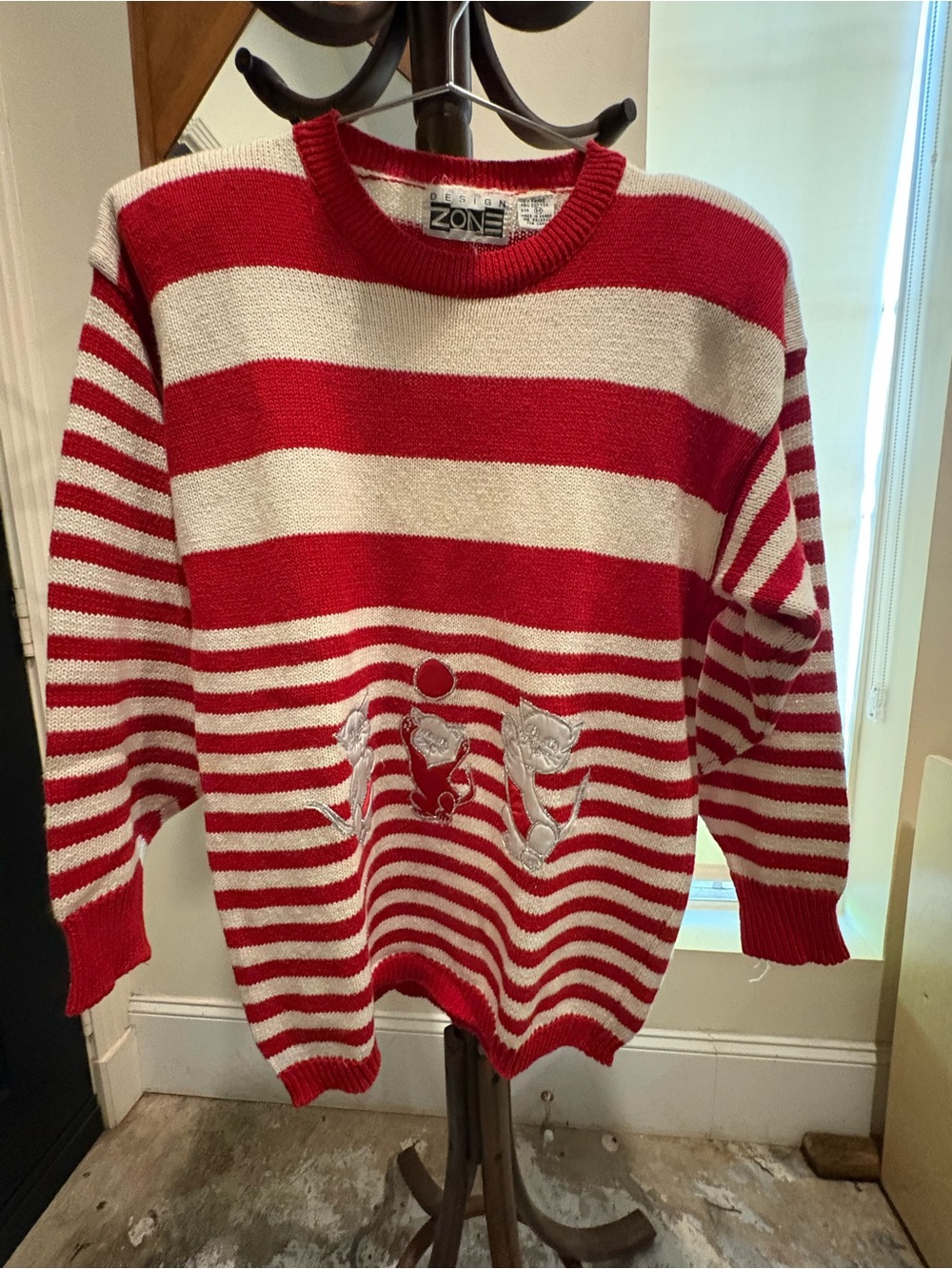 Vintage 80s 90s Design Zone Candy Cane Stripe Cat Novelty Sweater Medium